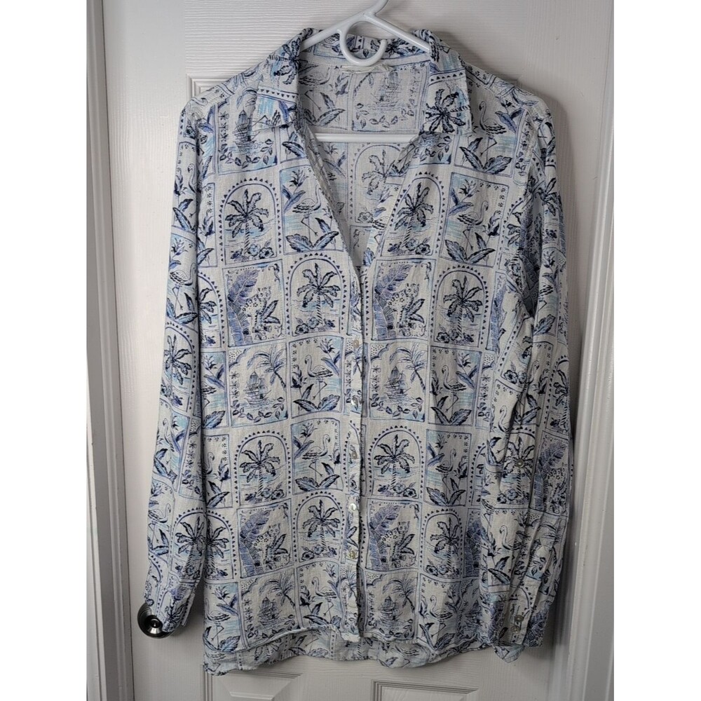 C&C California White 100% Linen Top with Navy & Sky Blue Floral Print Size XL